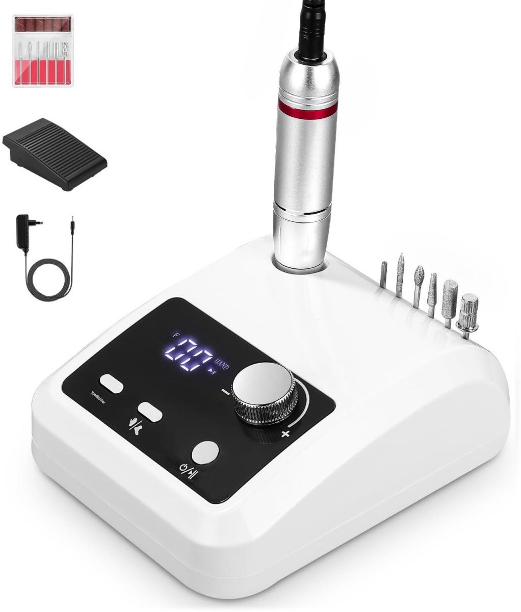 GELLDG Professionele nagelfrees geschikt voor gelnagels – 45.000 tpm – Nagelvijl – Multifunctioneel 6-in-1-ontwerp – Inclusief voetpedaal en led-display – Wit