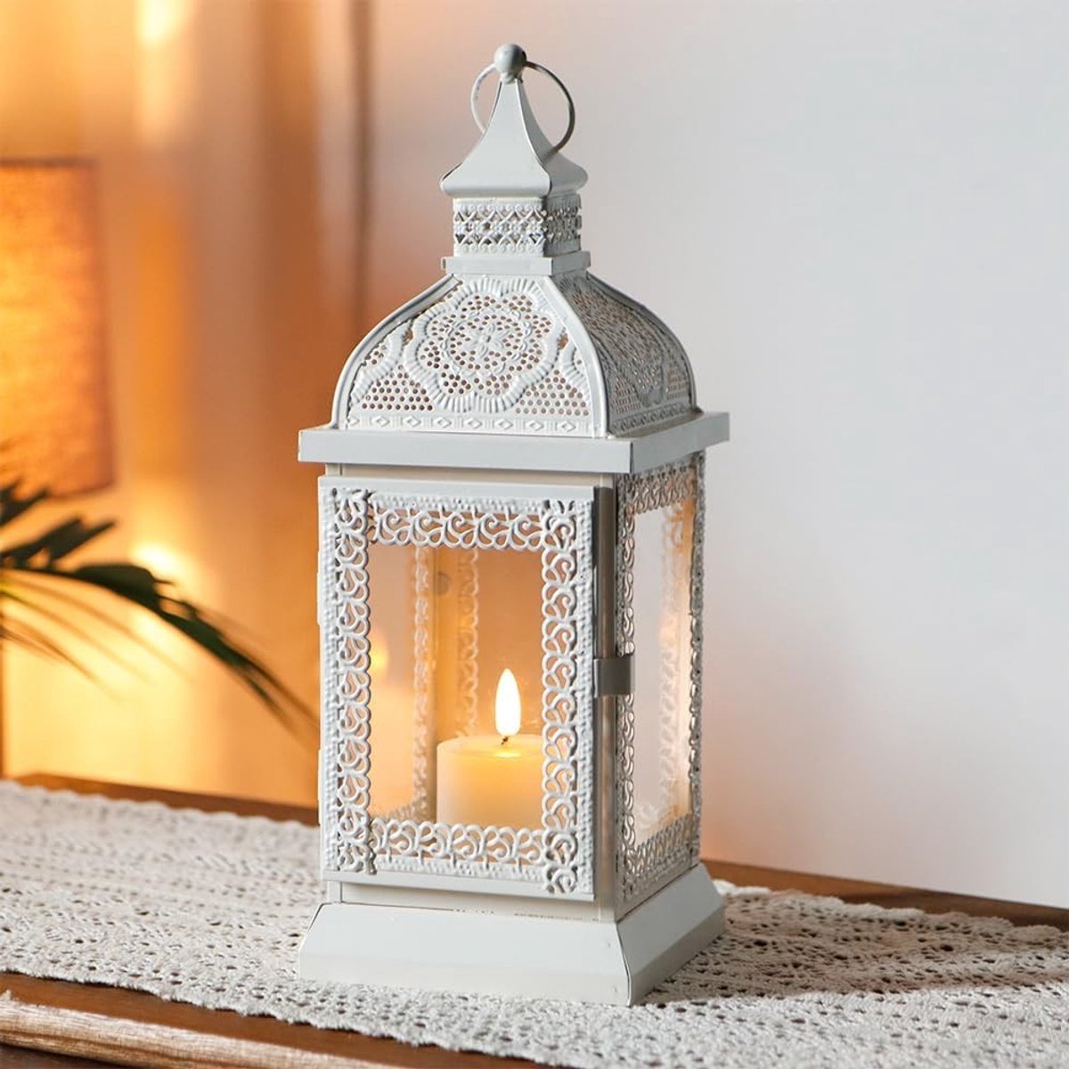 Rustieke metalen kaarsenhouder van 32 cm hoog met helder glas voor decoratie in woonkamer, tuin en evenementen