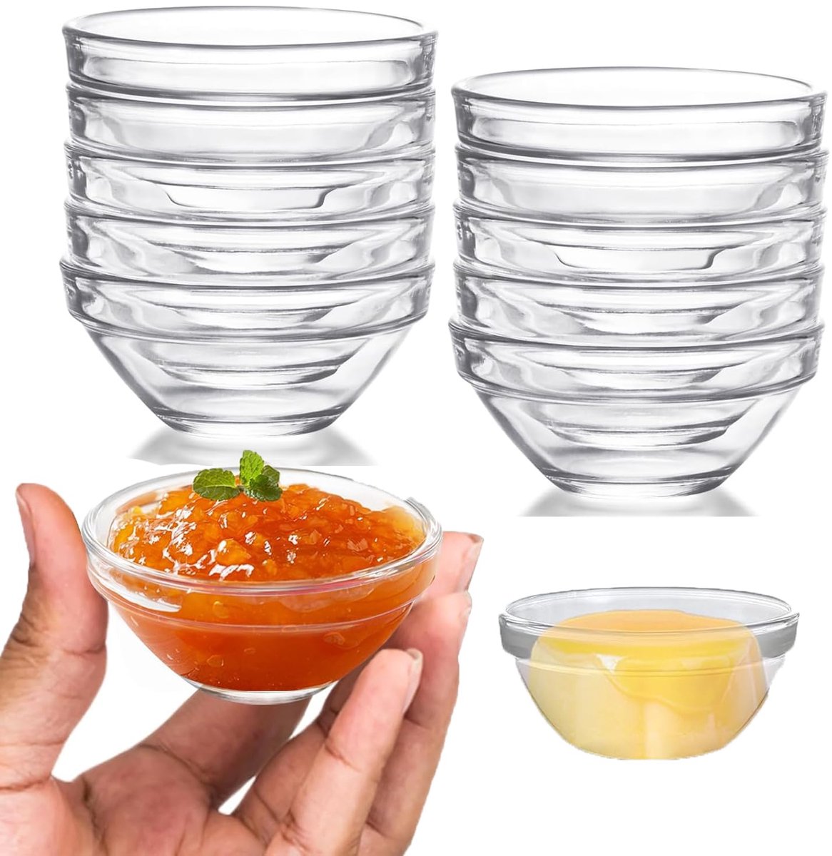 longziming -Glazen Dipschaaltjes Set 10 Stuks - Kleine Sauskommen 75 ml - Mini Schalen voor Dips, Kruiden en Hapjes - Stapelbare Keukenschaaltjes - Transparant Glas