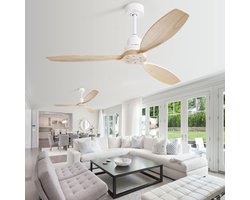 OKWISH Plafondventilator Fluisterstil – 132 Cm – Metaal En Hout – Wit – Zonder Verlichting Met Afstandsbediening En 6 Snelheden