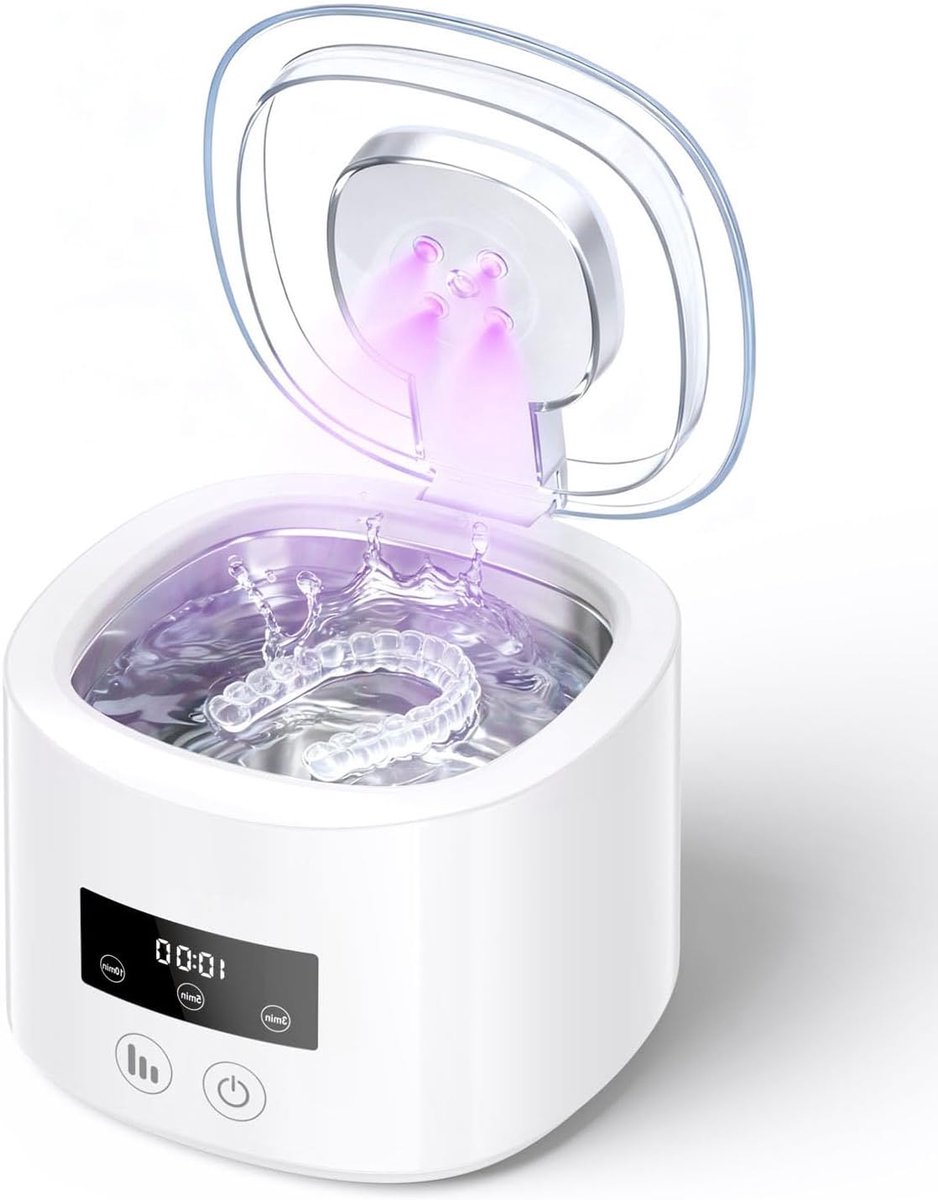 Ultrasoonreiniger 50kHz – oplaadbare ultrasoonreiniger 2000mAh – met 4 UV-lampen – 230ML bak – voor kunstgebitten, tandenborstels, beugels, retentie-apparaten, protheses, sieraden – wit.