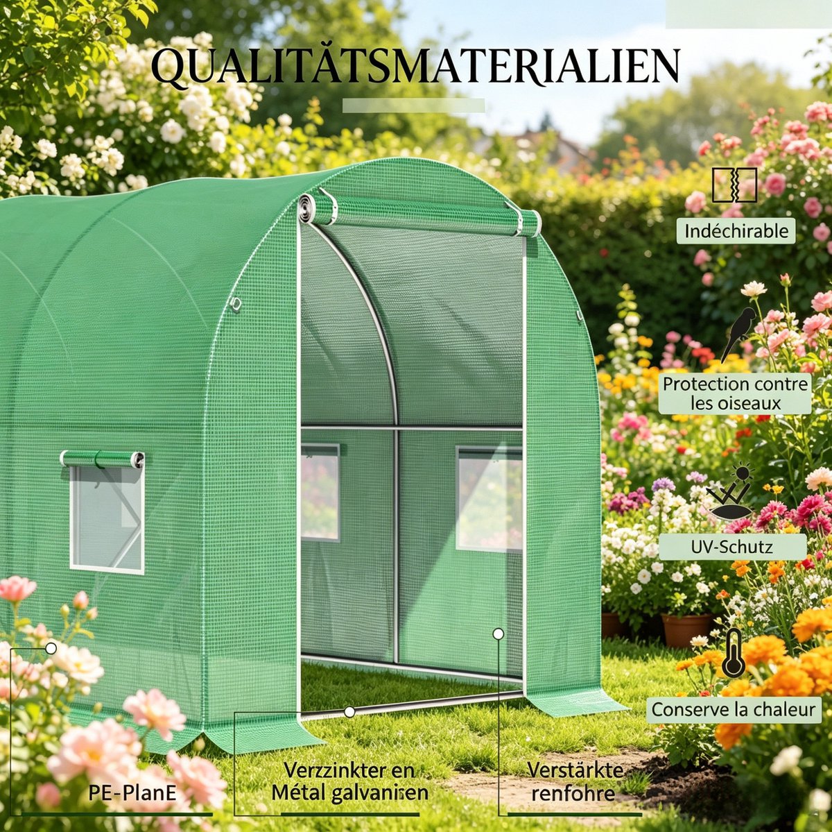 OKWISH Tunnelkas – 6 m2 Ruime Oppervlakte – Gegalvaniseerd Metaal En Polyetheen – Groen – Voor Groenten En Bloemen – Met Ritsroldeur En 6 Ventilatieramen