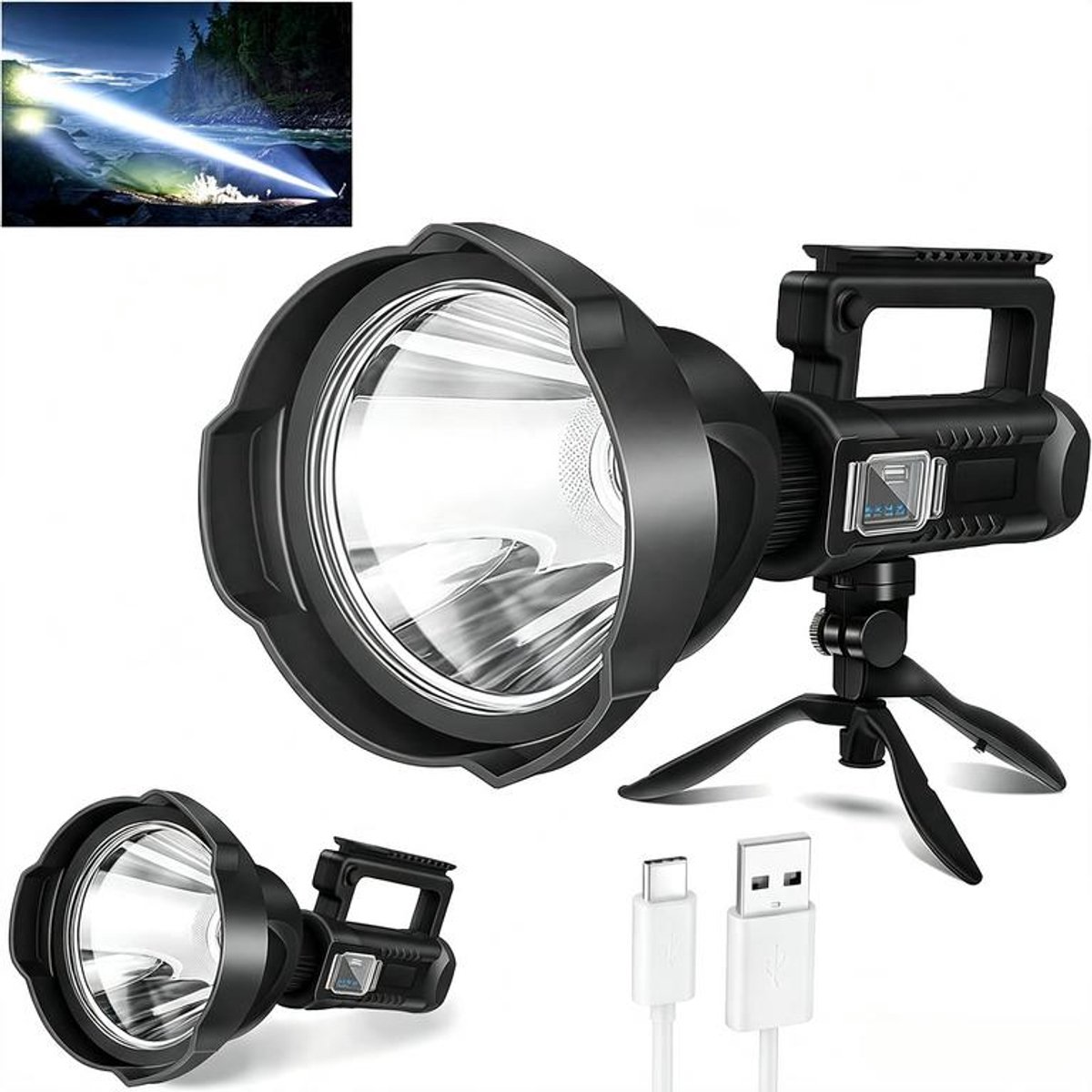 KZQ Professionele krachtige zaklamp – Draagbare LED-schijnwerper met groot bereik – 6000 mAh / 2000 lumen – 4 lichtstanden – Oplaadbaar via USB – IPX4-waterbestendig – Ideaal voor kamperen en buitenactiviteiten – 11,4 x 11,4 x 27 cm - Met standaard