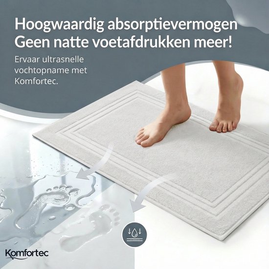 Voeten op een witte badmat die vocht absorbeert, met illustraties die snelle droging tonen.