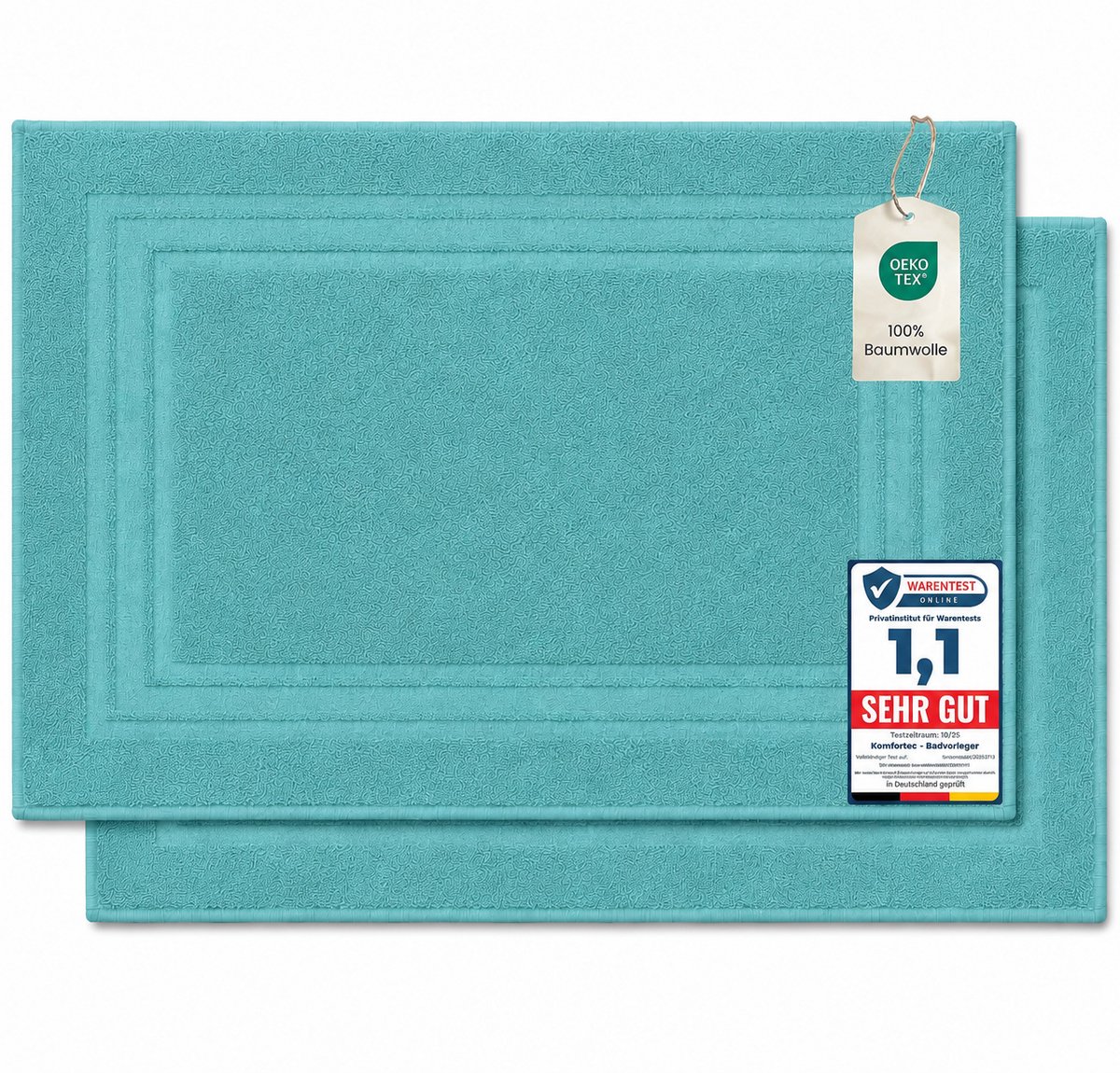 Komfortec Badmat - 2 stuks - Handdoek Dikte - Hotelkwaliteit - Zachte en Absorberende Douchemat - 50x70 cm - 100% Katoen – Aqua