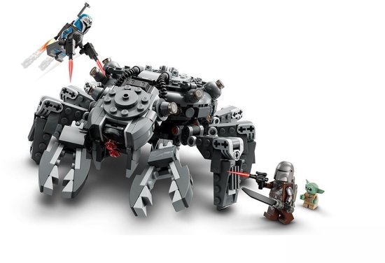 Grijze LEGO Spider Tank met een mandalorian, twee klauwen, vier poten, en Baby Yoda.
