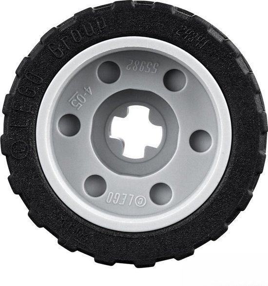 LEGO wiel met een grijze velg en zwarte band. De band heeft LEGO-logo's.