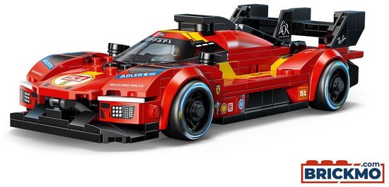 Voiture de course LEGO Ferrari 499P rouge avec aileron noir, rayures jaunes et numéro 51.