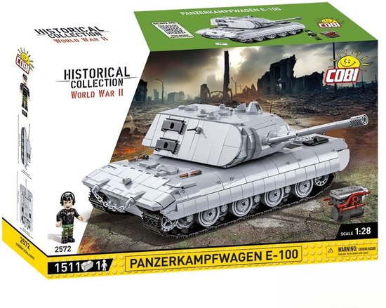 Doos van de Panzerwagen E-100, Tweede Wereldoorlog collectie. Afgebeeld is het grijze tankmodel met ruïne-achtergrond.