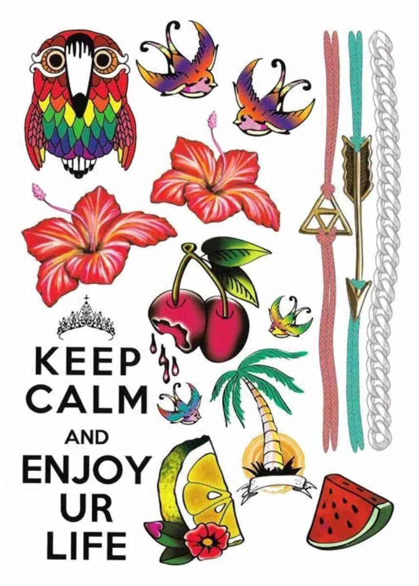 Temporary Tattoo Vogels/Fruit/Ibiza/Vrolijk/Bloem (A5 formaat) [Neptattoo - Tijdelijke tatoeage - Nep Fake Tattoos - Water overdraagbare festival sticker henna outfit tattoo - Glitter tattoo - Volwassenen Kinderen Jongen Meisje]