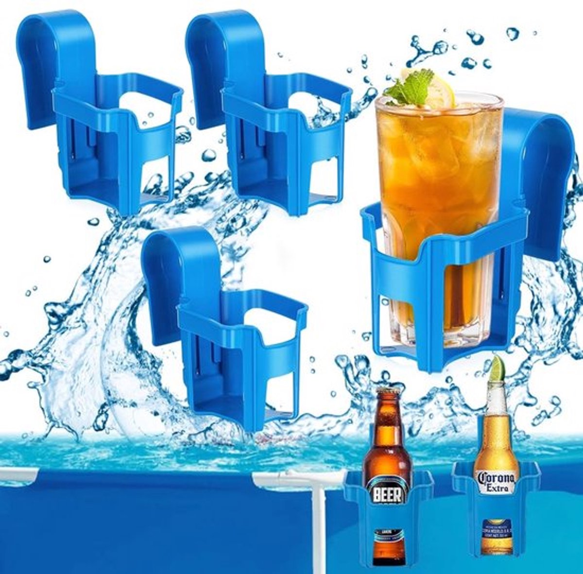 Zwembadbekerbeugel 4-delig - Drankhouder Auto/Zwembad - Morsbestendig - Compatibel met Bovengrondse Zwembaden - ABS Materialen - Blauw