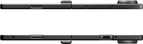 Zwart telefoonhoesje, de zijkanten tonen poorten en knoppen.