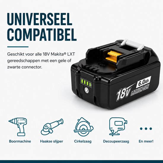 Zwarte 18V 6.0Ah accu met LED indicator, met pictogrammen van gereedschappen.