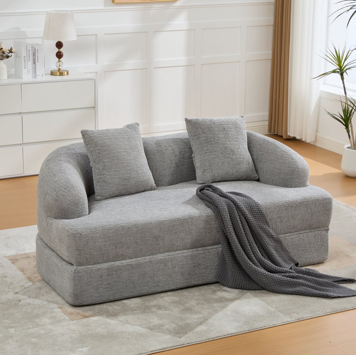 OKWISH Slaapbank - 157 x 84 x 65 cm - Uitklapbare 2-Zits Met 2 Rugkussens - Voor Woonkamer of Gastenkamer - Chenille - Lichtgrijs
