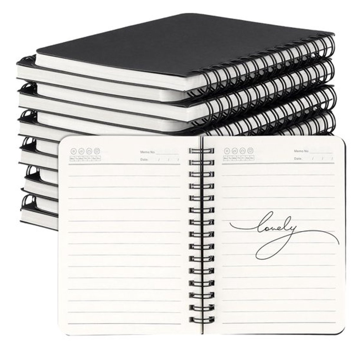 Notitieblok A6 - 12 Stuks - Gelinieerd - Spiraalblok - 50 Vellen - Compact Formaat 14 x 10,2 cm - Zwart Design - Notitieboek