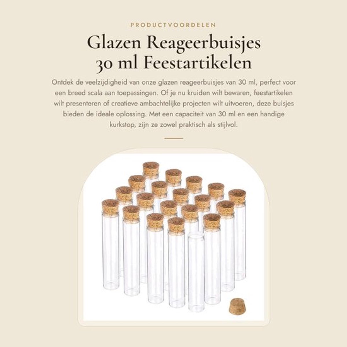 Reageerbuisjes 30 ml met kurkstop - Glazen mini-flesjes - 20 stuks - Voor laboratorium/feestartikelen - Perfect voor creatief gebruik - Helder en plat