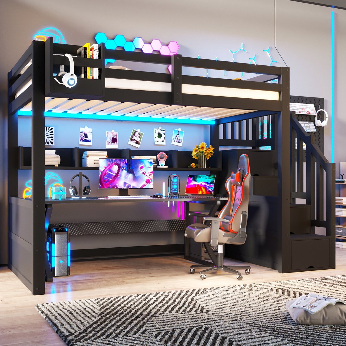 Hoogslaper 90x200 cm - Met Ledverlichting En Opbergtrap - Met Opbergkasten En Garderobekast - Kinderkamer - Hout En MDF - Zwart - Zonder Matras