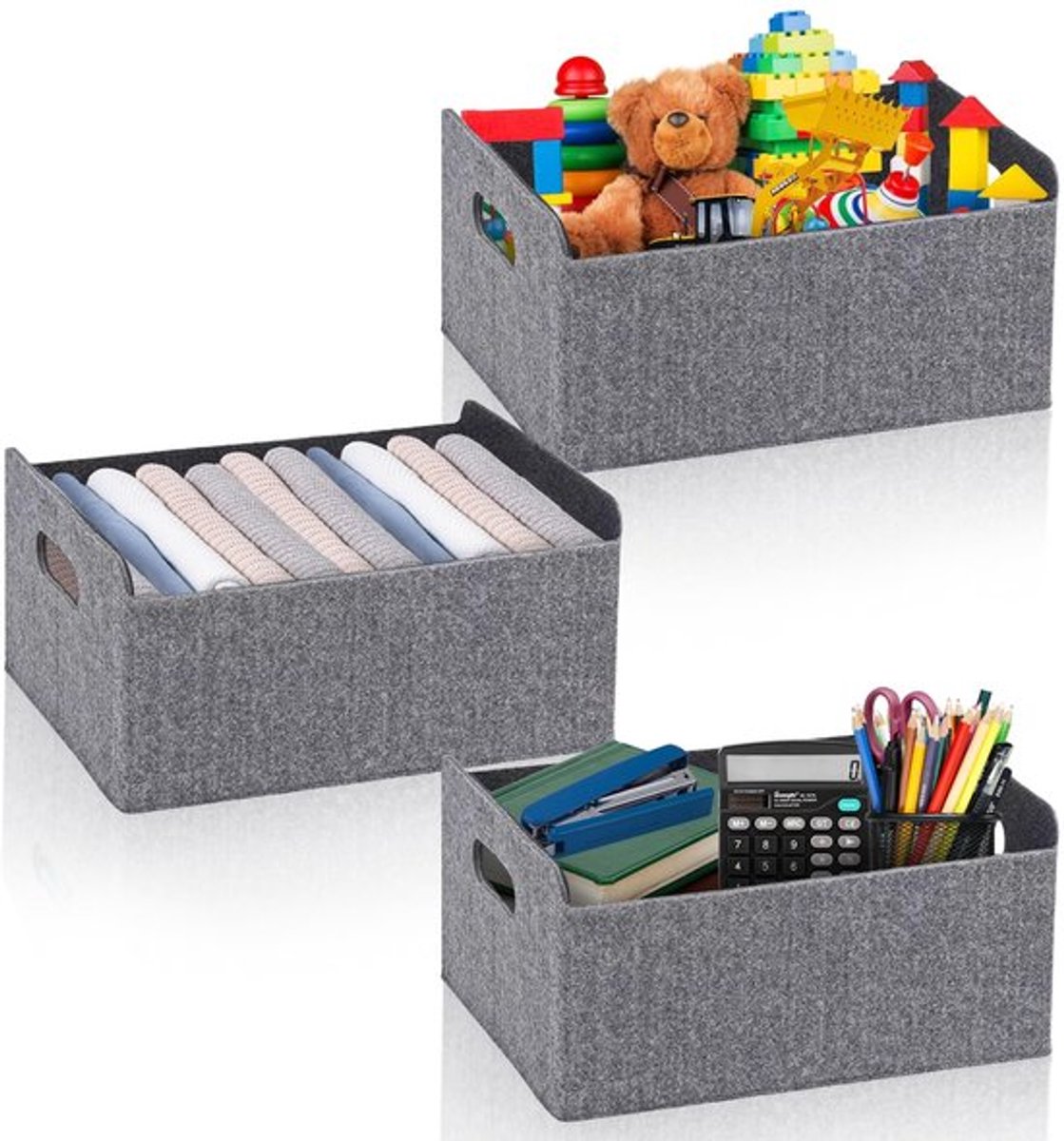 Set van 3 Vilten Manden met Handvat - Opvouwbare Opbergkubussen
