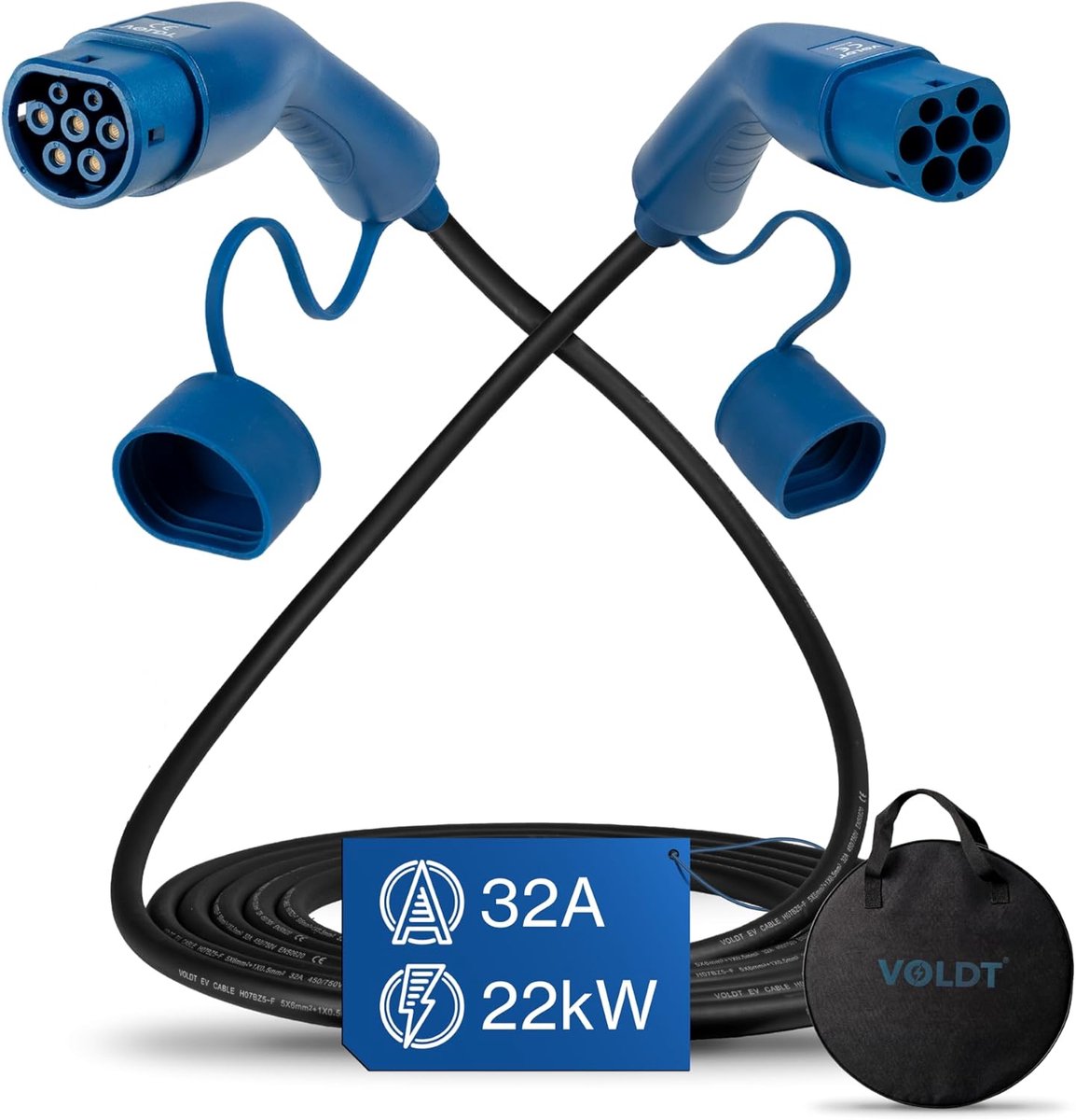 SnelShoppen - VOLDT 2 Type 2 Spiral Oplaadkabel 22kW 32A 3 Fase voor Elektrische Voertuigen EV PHEV, Compatibel met Tesla, ID.4, E-Tron, I4, IX1, IP67