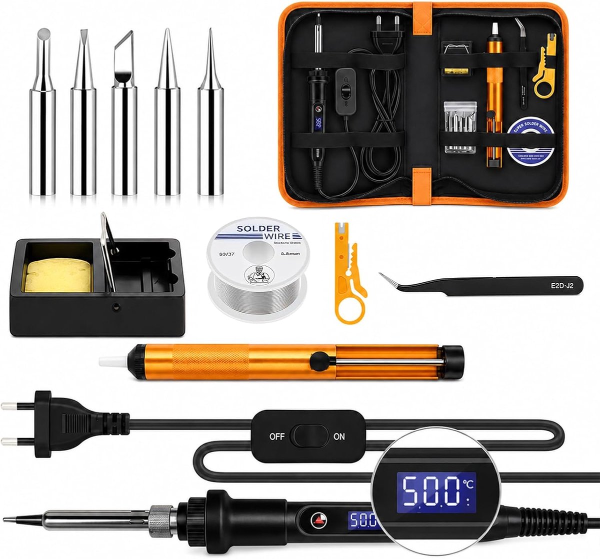 SnelShoppen - Soldering Iron Kit 80W met Aan/Uit Schakelaar, Temperatuur Instelbaar 180-500 °C, Anti-Statistische Tweezers, 13-in-1 Set voor Elektroni