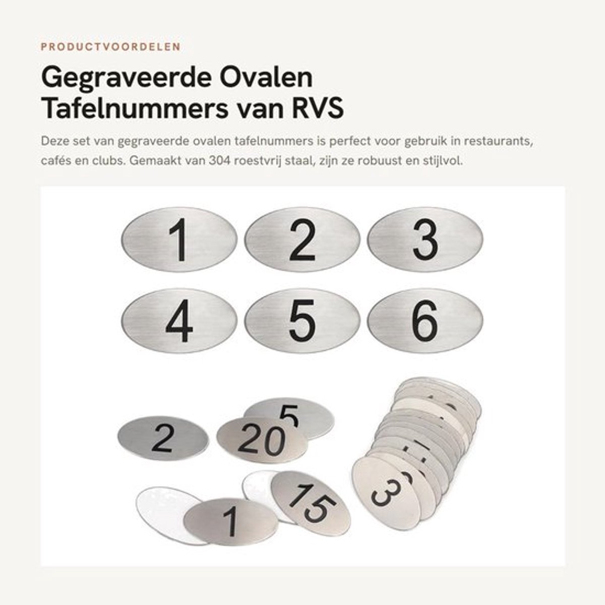 Tafelnummer Gegraveerd - 20 Stuks - Ovalen Labels - Roestvrij Staal - Dubbelzijdig Plakband - Ideaal voor Restaurants - Tafelnummering