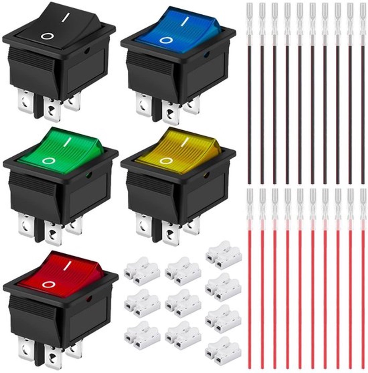 Mini Aan/Uit-Schakelaar - 5x DPST schakelaar - met LED verlichting - 5 kleuren - 16A 250V - geschikt voor diverse toepassingen - ideaal