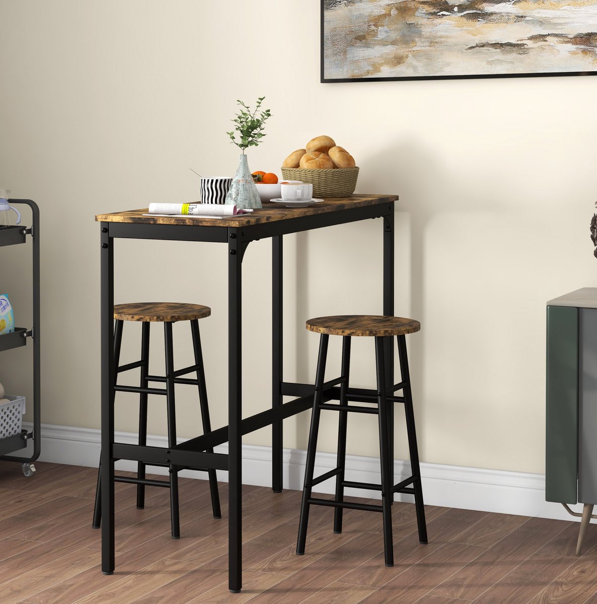 Wishdor Bartafelset - industrieel design - 3-delig met 2 barhockers - houtlook en metalen frame - bruin - 105 x 40 x 90 cm