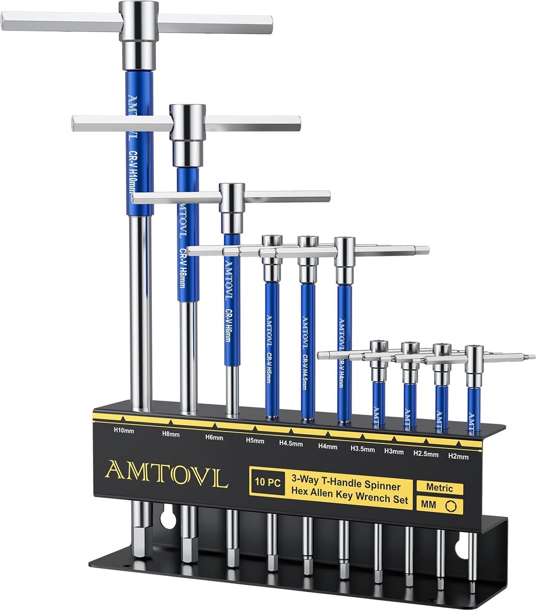 SnelShoppen - Set van 10 T-Handle Allensleutels 2-10mm T-Handgreep Hex Sleutels Ergonomisch met Snelle Rotatie Handgreep en Opslagrek CRV Chroom Gepla