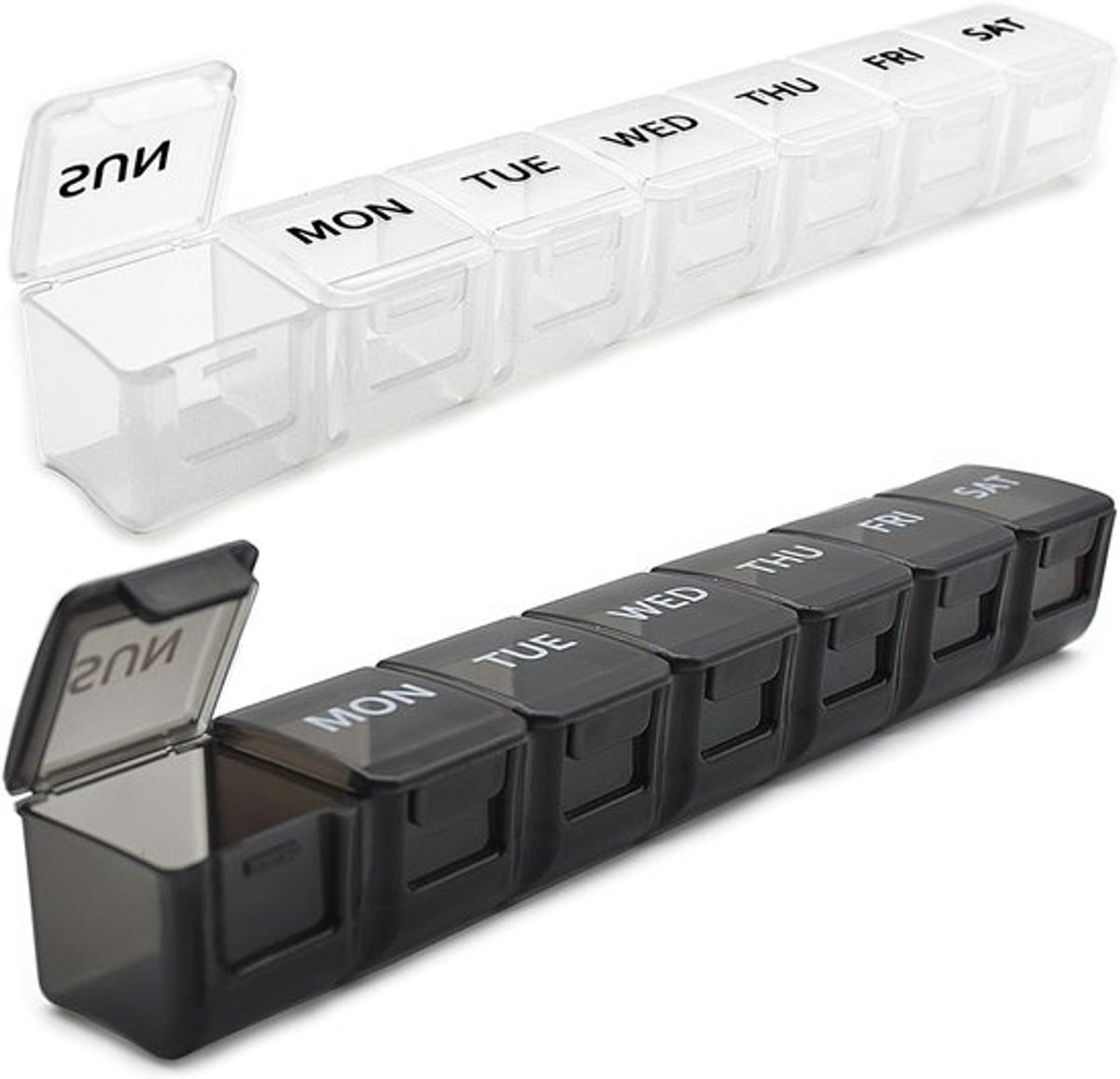 Set van 2 wekelijkse pillendozen, grote pillendoos voor 7 dagen, dagelijkse vitaminepillendoos, ochtend-/avondpillendoos, visoliepillendoos voor medicinale supplementen (wit en zwart)