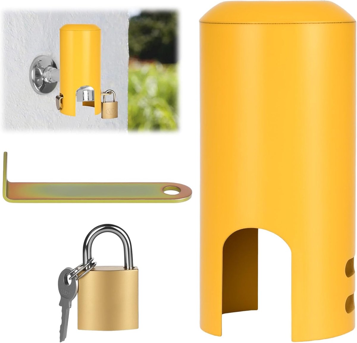 SnelShoppen - Outdoor Faucet Lock - Tuin Kraan Slot - Anti-Diefstal Kraanbeveiliging - Roestvrij Staal - Geel - 12.5 x 6 cm - Perfect voor Tuin en Bui