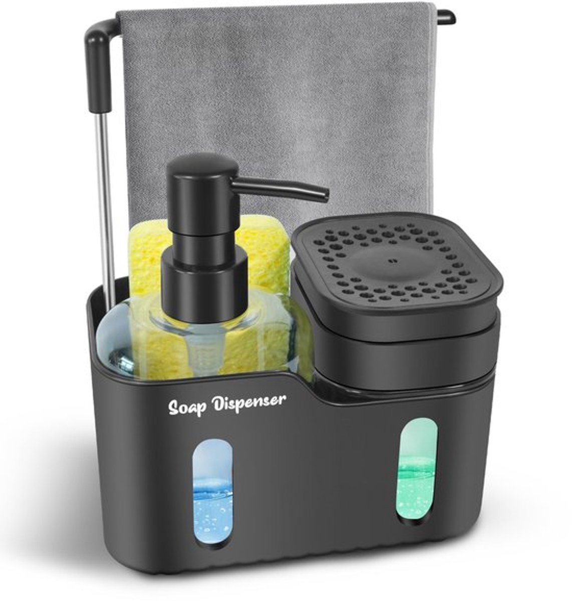 Zeepdispenser Dubbel 4-in-1 - Handzeep/afwasmiddel - Sponshouder - Vaatdoekhanger - Antislip - Afneembaar ontwerp - Keukenorganizer