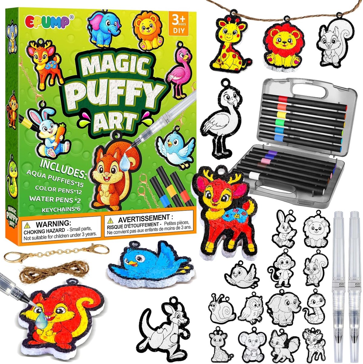 SnelShoppen - 15-delige Puffy Kunstdieren Set voor Kinderen, 3D Verf Set met Magisch Schuim, Verven en Creatieve Activiteiten voor Feestjes en Vrije T