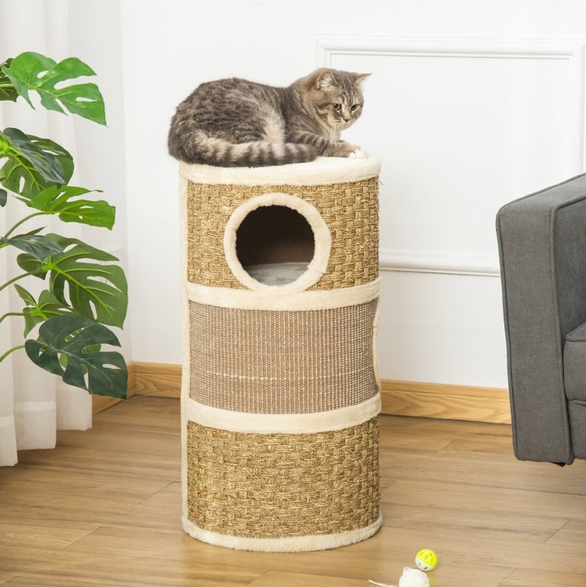 Krabton – 3 Niveaus – 37,5 x 37,5 x 70 cm – Sisal en Pluche – Bruin – Krabben, Rusten en Verstoppen