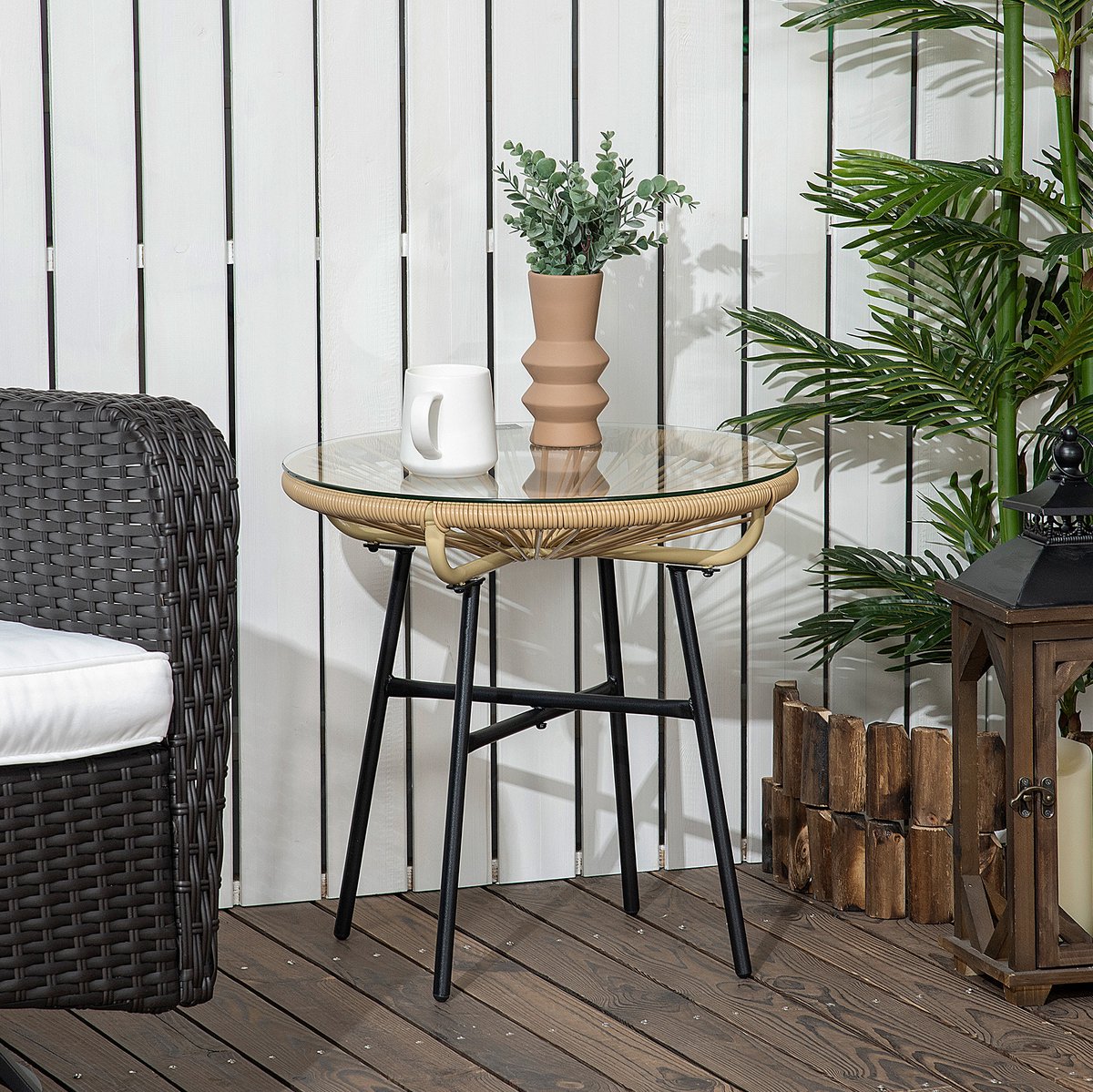 MODENUIT Bistrotafel - Ronde Tuintafel Met Gehard Glas En Polyrattan - Balkon En Terras - Zwart Beige - 50 Cm