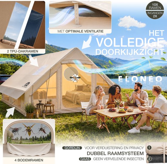 Groep vrienden zit buiten beige ELONEO glampingtent bij tafel, met 2 TPU-dakramen en dubbel raamsysteem met gaas.