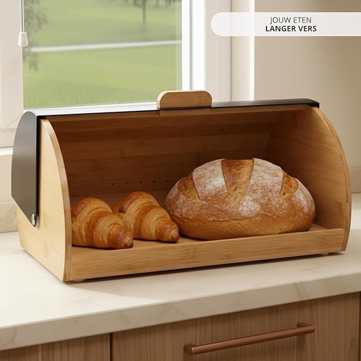 Zwarte Broodtrommel Met Schuifdeksel - Stalen Broodkast Met Bamboe Details - Duurzame Brood Opbergdoos Voor Keuken Aanrecht - Broodcontainer Voor Brood En Gebak - Moderne Keukenopslag
