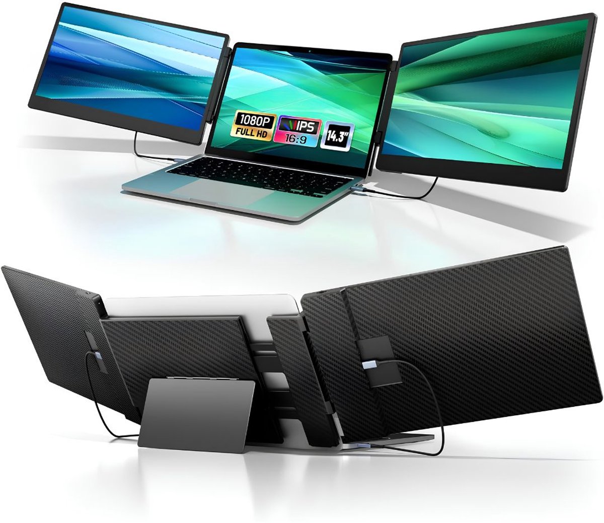 JCP® Portable Monitor - Monitor met Dubbel Scherm voor Laptop - Draagbare Monitor - Zwart - 35cm x 21cm x 4cm