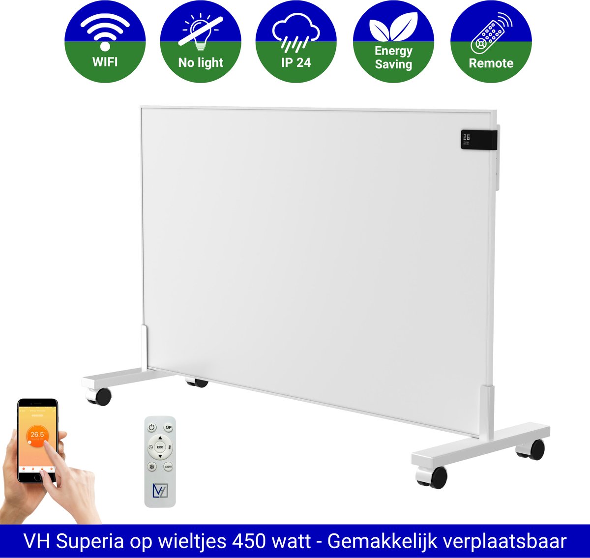 VH Infrarood paneel Superia - 50 x 90 cm - 450W - Verplaatsbaar op wieltjes - Wifi functie - Thermostaat - Incl. afstandsbediening