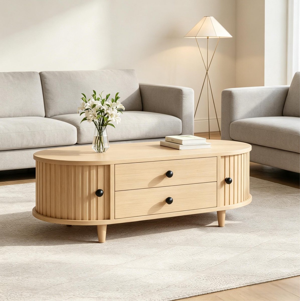 REDOM - Salontafel - Rolltüren en 2 lades - MDF met massief houten poten - Scandinavische stijl - Woonkamer - Natural Wood - 100 x 50 x 36 cm
