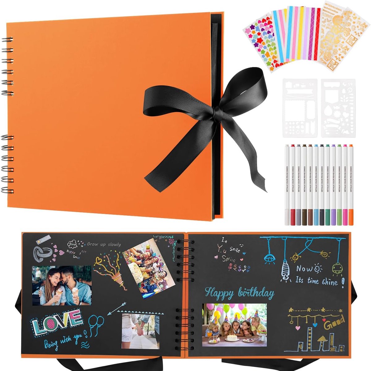 SnelShoppen - Scrapbook Foto Album 80 Zwarte Pagina's, Aanpasbare DIY Foto Albums 38 x 20 cm met 12 Metallic Marker Pens voor Baby, Kinderen, Familie