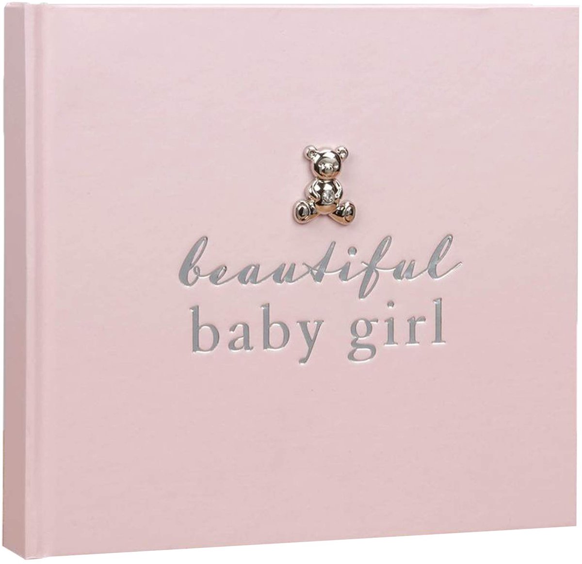 SnelShoppen - Widdop New Baby Fotoalbum 6'x4' met Zilveren Teddy - Mooie Baby Meisje, Perfect voor Babyshower of Kraamfeest, 50 Pagina's, Roze, Herinn