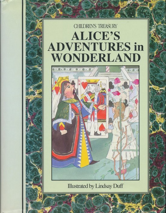 Boekomslag van Alice's Adventures in Wonderland met de Hartenkoningin en Alice in een marmergroene rand.