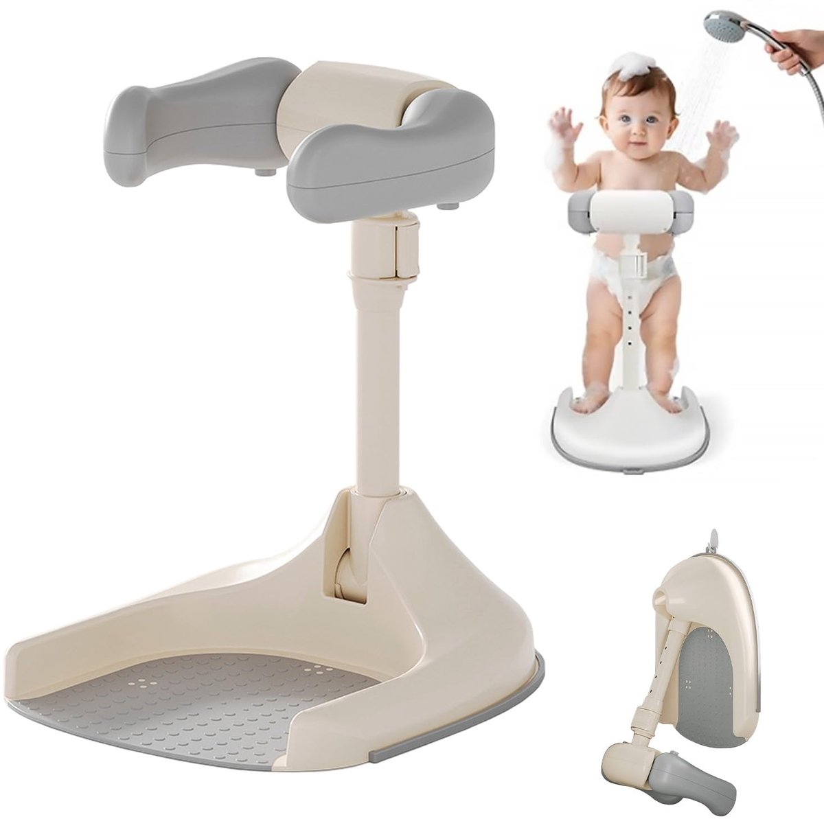 SnelShoppen - Babybadkuip met Verstelbare Douchestandaard, Anti-Slip Basis, Smart Water Flow Hug Tower voor 6-36 maanden, Badzitje voor Babydouche