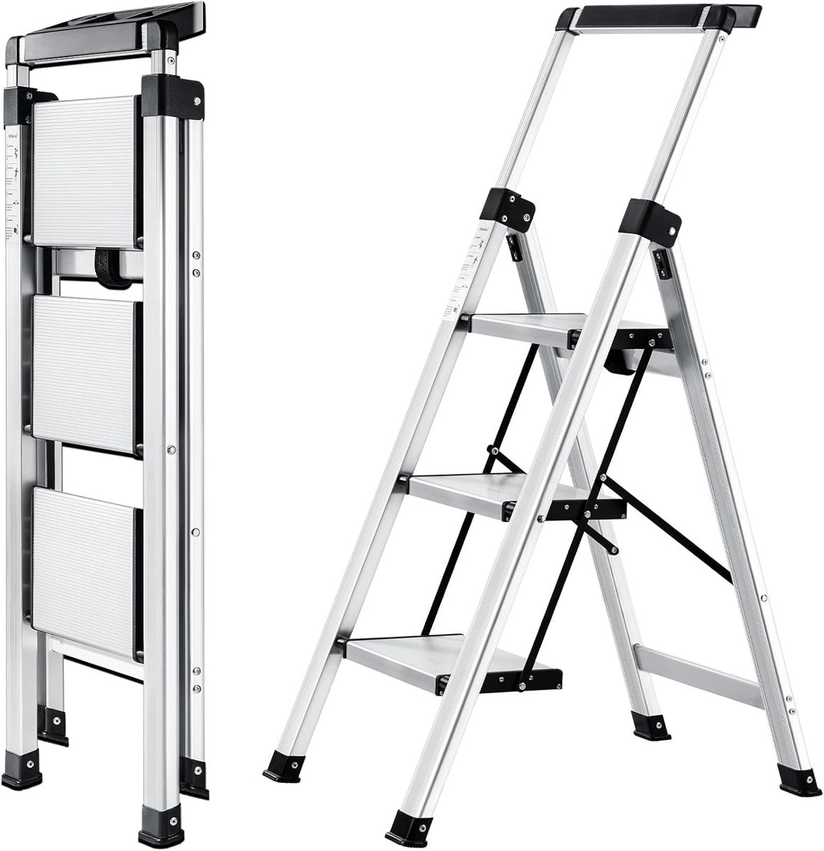 SnelShoppen - Aluminium Trapladder 3 Treden met Leuning, Vouwladder met Gereedschapsbak, Lichtgewicht en Compact, Anti-slip, Tot 150kg Belastbaar, Voo