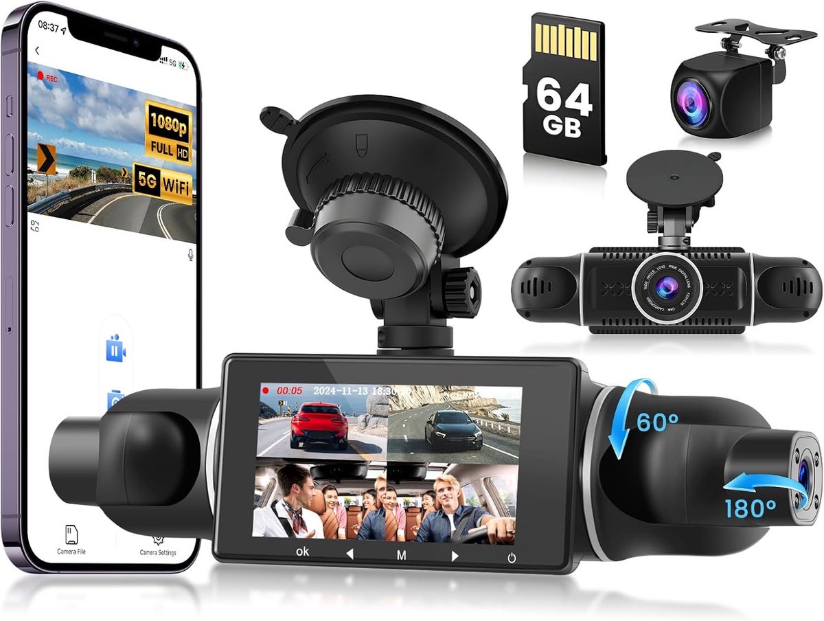 SnelShoppen - Dashcam Auto Anteriore 2K met IPS 3" Display, WiFi 5G, 64GB Geheugen, 360° Draaibare Camera, Nachtzicht WDR, G-Sensor, App Controle, Cyc