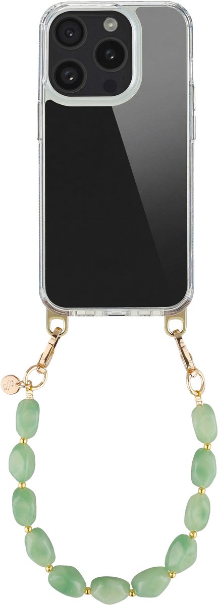 Selencia Transparant Hoesje met Haakjes inclusief Satin Crush Polskoord - Geschikt voor Apple iPhone 15 Pro - Mint Green