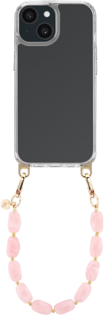 Selencia Transparant Hoesje met Haakjes inclusief Satin Crush Polskoord - Geschikt voor Apple iPhone 15 - Cosmic Candy