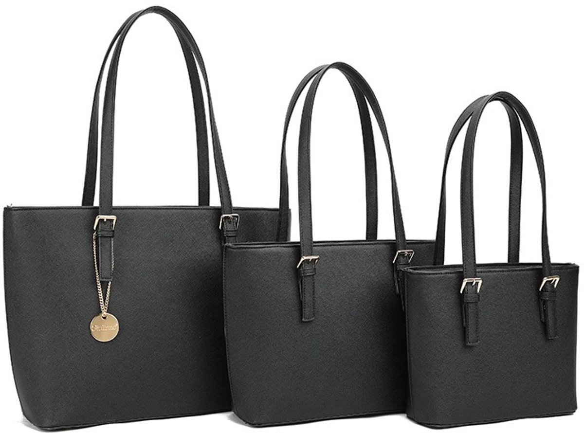 Damestas - Set van 3 Shopper Tassen – Zwart – Diverse Maten – PU Leer – Dames Handtas - Formaten: 30 x 21 cm - 37 x 24 cm en 45 x 29 cm.