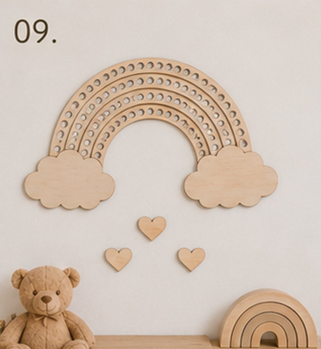 Model 09 – Houten Regenboog met Maanpatroon en Hartjes | Nursery Decoratie/babykamer/babykameraccessories/wall decoration voor babykamer