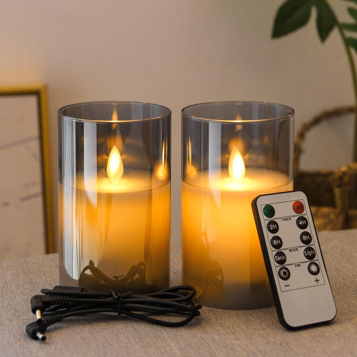 SnelShoppen - Set van 2 Oplaadbare LED Kaarsen - Vlamloze Batterijkaarsen met Afstandsbediening en Timerfunctie - Echte Was-Zuilkaarsen met Glas - Gri
